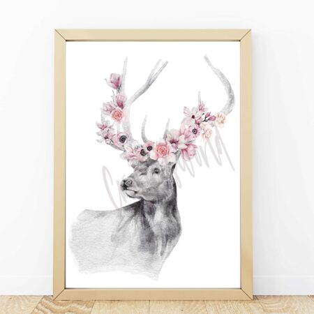 Stag and doe with flowers - prints A3 unframed