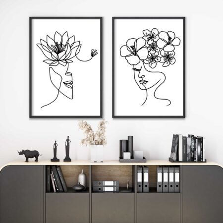 Line art - faces with flowers