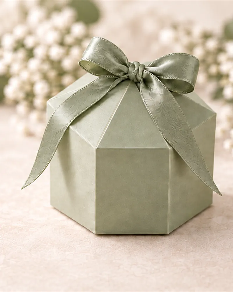 Sage green hexagon gift box with satin bow